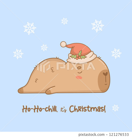 Cute Christmas lying sleeping Capybara in Santa hat with snowflakes. Funny winter festive cartoon kawaii character. Vector illustration. Holiday cool card. Kids collection. Cute Christmas lying sleeping Capybara in Santa hat with snowflakes. Funny winter festive cartoon kawaii character. Vector illustration. Holiday cool card. Kids collection. 121276533