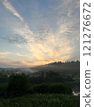 Fog over the river in the village, foggy evening 121276672