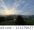 Fog over the river in the village, foggy evening 121276677