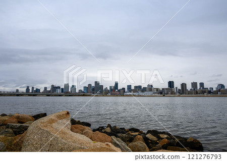 View of the Umeda skyscrapers on the opposite bank from the Yodo River in Osaka View of the Umeda skyscrapers on the opposite bank from the Yodo River in Osaka 121276793