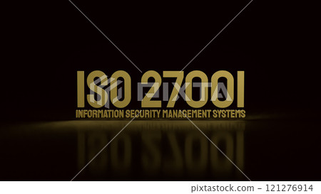 The Gold iso 27001 and gear on Black background 3d rendering. The Gold iso 27001 and gear on Black background 3d rendering. 121276914