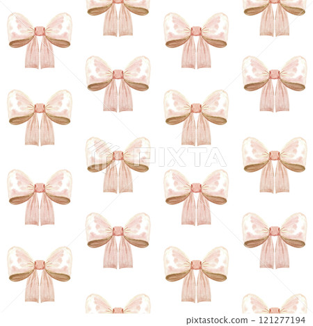A satin bow, mocha colored ribbon, watercolor seamless pattern isolated on white. Hand drawn design perfect for wrapping paper, textile, background, websites, cards, poster, mother day decor. Pastel 121277194