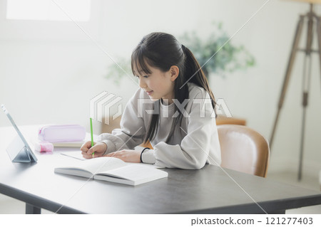 Elementary school students learning on tablets 121277403