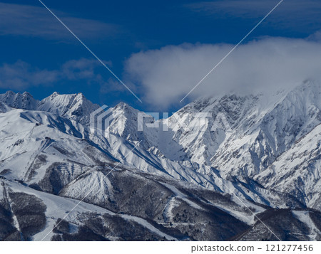 Distant view of the Northern Alps and ski resorts, Hakuba Village, Nagano Prefecture 121277456