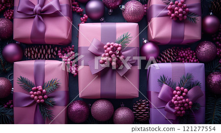 Merry Christmas, New Year, closeup craft violet gift box holiday background, copy space, banner 121277554