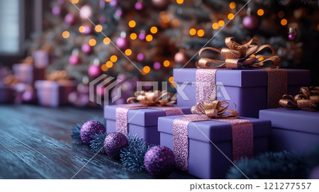 Merry Christmas, New Year, closeup craft violet gift box holiday background, copy space, banner 121277557