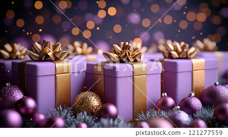 ?loseup craft pink gift box purple holiday background, copy space, banner Merry Christmas, New Year 121277559