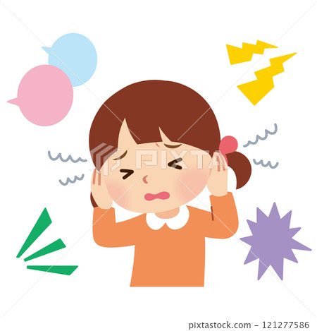 Hyperacusis, hypersensitivity, girl covers her ears because of loud noise Hyperacusis, hypersensitivity, girl covers her ears because of loud noise 121277586