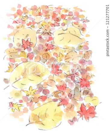 秋天落葉地毯的水彩插圖（紅葉、玉蘭、櫸樹） 121277701