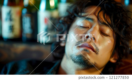 Sleeping face of a man who is drunk and sleeping 121277850