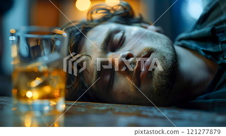 Sleeping face of a drunk Caucasian man 121277879
