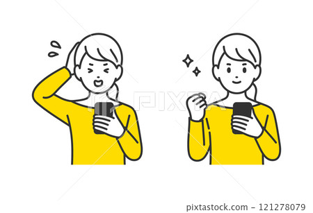 一群年輕女性看著智慧型手機，打拳頭【人物向量圖素材】 121278079