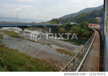沿著吉野川支流穴吹川和國道193號線行駛的愛吉野川電車的車窗。 沿著吉野川支流穴吹川和國道193號線行駛的愛吉野川電車的車窗。 121278151