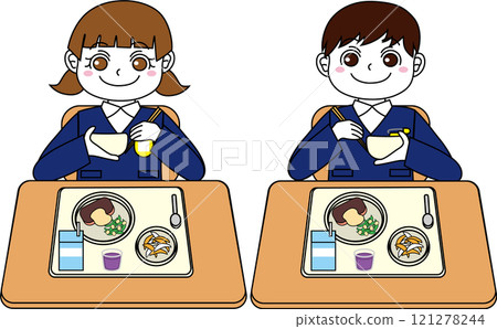 小學男孩和女孩吃學校午餐 小學男孩和女孩吃學校午餐 121278244