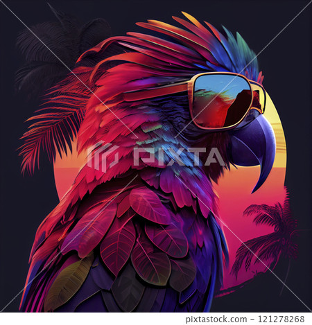 Macaw portrait. Brightly colored Macaw with glasses for summer vibes. Parrot summer tropicalpunk 121278268