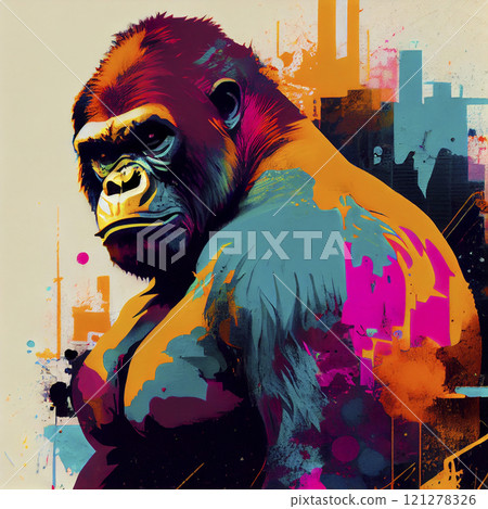 Portrait of wild gorilla with colorful and abstract. Printable design for wall art. gorilla creative 121278326