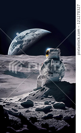 Astronaut sat on the lunar surface observing the universe. Cosmonaut exploring new destinations. 121278327