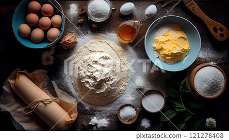 Baking background banner. bread preparation Ingredients variety for cooking dough on a dark rustic table. Top view, flat lay. Baking background banner. bread preparation Ingredients variety for cooking dough on a dark rustic table. Top view, flat lay. 121278408