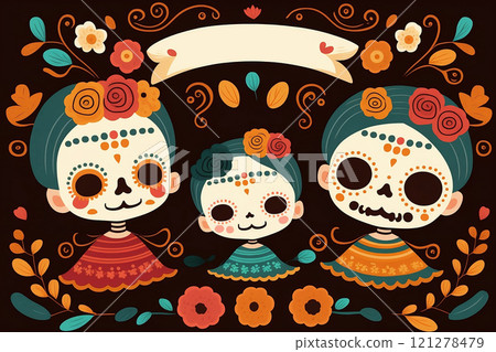 A lovely illustration of the Mexican festival known Day of the Dead. Template vibrant skulls Catrina 121278479