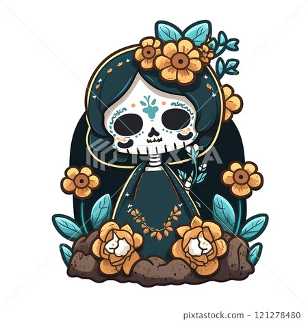 2D skull Catrina character of the Mexican festival known Day of the Dead. makeup traditional mexico 121278480