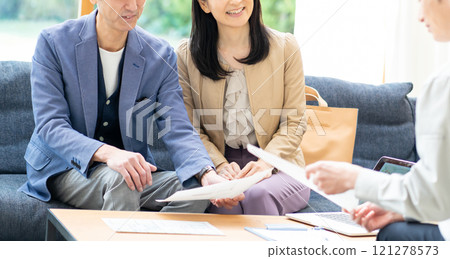 A salesman and a middle-aged couple discussing renovation plans A salesman and a middle-aged couple discussing renovation plans 121278573
