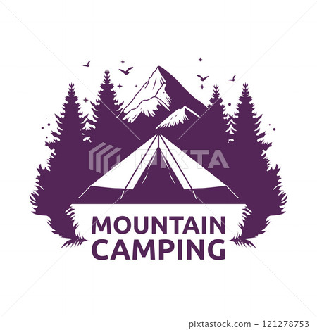 Logo Design of Camping Camp Tent in Purple Mountain View with Pine Trees in Forest 121278753