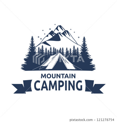 Logo Design of Camping Camp Tent in Blue Mountain View with Pine Trees in Forest 121278754