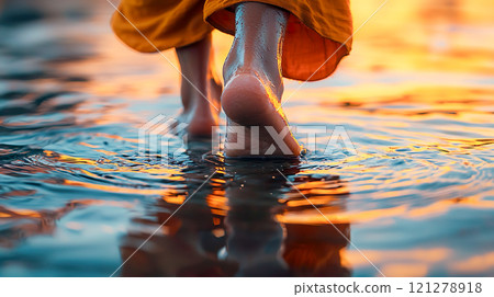 赤腳和尚在水邊行走的腳部特寫 121278918