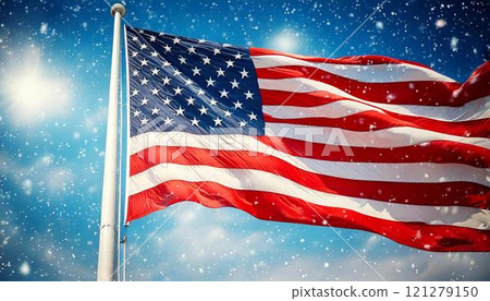 A close-up CG illustration of a fluttering American flag against a snowy winter blue sky A close-up CG illustration of a fluttering American flag against a snowy winter blue sky 121279150