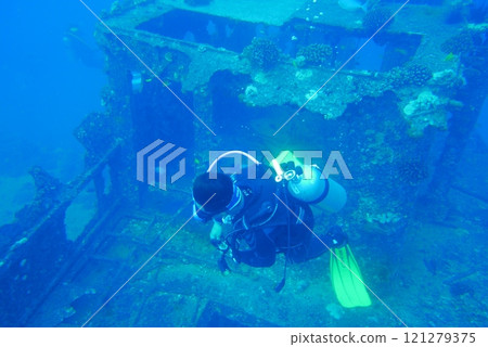 The Seatiger shipwreck when SCUBA diving off of Oahu. Wreck diving adventures with Oahu Diving, your wreck dive specialist. 121279375