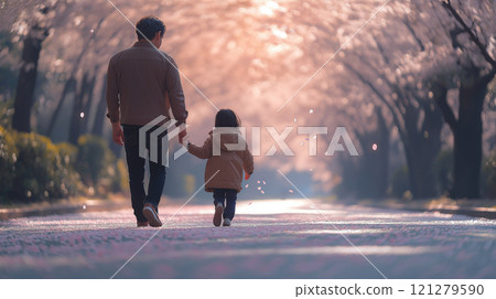 父子漫步在櫻花樹下 121279590