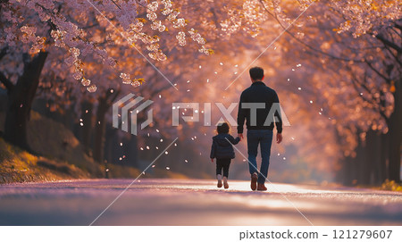 父子漫步在櫻花樹下 121279607