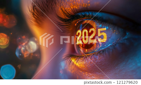 New Year 2025 countdown digital image reflected in the eyes 121279620