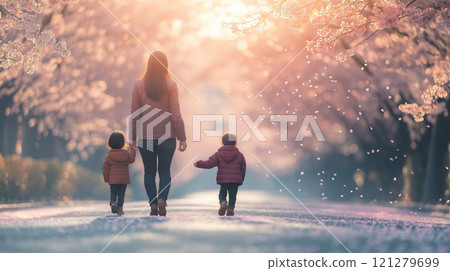 媽媽和孩子在櫻花樹下散步 121279699