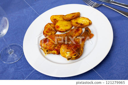Baked chicken legs with vegetable garnish of fried potatoes Baked chicken legs with vegetable garnish of fried potatoes 121279965