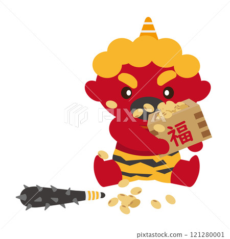 紅色惡魔坐著吃節分幸運豆的插圖 紅色惡魔坐著吃節分幸運豆的插圖 121280001