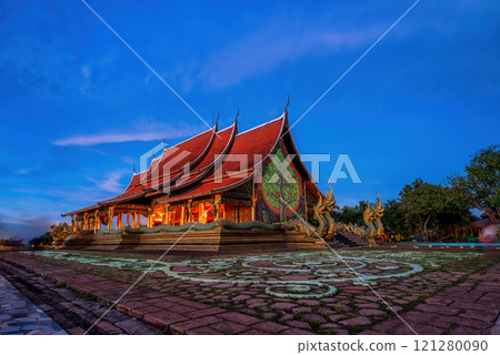 Twilight shot of Sirindhorn Wararam Phu Prao Temple is public Temple in Ubonrachatani, Thailand. 121280090