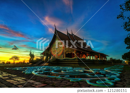 Twilight shot of Sirindhorn Wararam Phu Prao Temple is public Temple in Ubonrachatani, Thailand. Twilight shot of Sirindhorn Wararam Phu Prao Temple is public Temple in Ubonrachatani, Thailand. 121280151