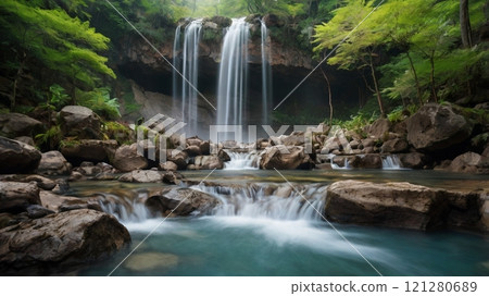 Waterfall flowing in the fresh green 121280689