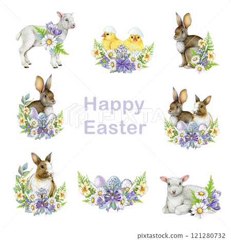 Easter festive floral traditional decor element set with lamb and bunny. Watercolor vintage style illustration. Hand drawn bunny, chicks, lamb, painted eggs, spring flowers on white background 121280732