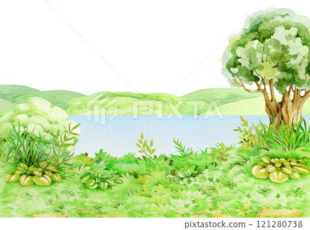 Springtime river bank countryside nature landscape scene with green grass, meadows. Hand drawn vintage style watercolor illustration. Countryside peaceful nature landscape backdrop element 121280738