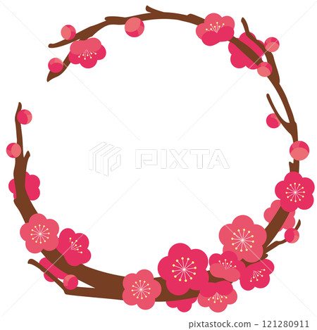 由紅梅枝製成的圓形框架的向量圖解 121280911