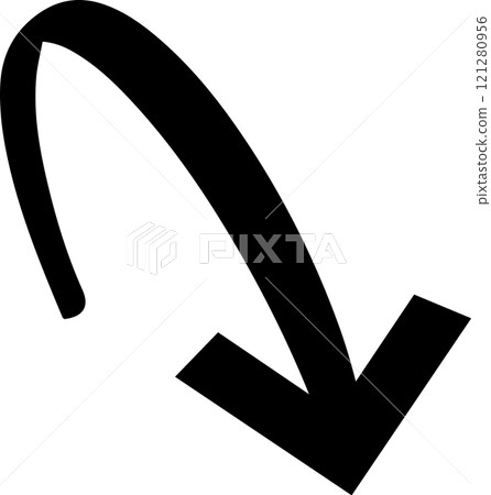 Simple, bold, black curved arrow pointing down on a white background, suitable for various design purposes, conveying direction, descent, or downward movement Simple, bold, black curved arrow pointing down on a white background, suitable for various design purposes, conveying direction, descent, or downward movement 121280956