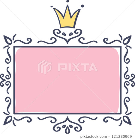 Hand drawn pink rectangular frame featuring a golden crown and elegant decorations, perfect for adding a touch of royalty and sophistication to any design project 121280969