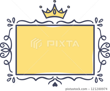 Elegant yellow rectangular frame with crown and flourishes, perfect for invitations, announcements, or any design project requiring a touch of royalty and sophistication Elegant yellow rectangular frame with crown and flourishes, perfect for invitations, announcements, or any design project requiring a touch of royalty and sophistication 121280974