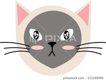 Adorable siamese cat face with big eyes, pink ears and nose, looking forward on a white background, perfect for children book illustrations or any other project 121280984