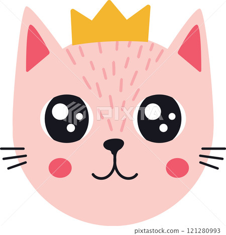 Adorable pink cat wearing a golden crown, featuring big, expressive eyes and a sweet, smiling face, creating a charming and whimsical design Adorable pink cat wearing a golden crown, featuring big, expressive eyes and a sweet, smiling face, creating a charming and whimsical design 121280993