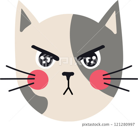 Cartoon illustration of a grumpy cat with furrowed brow and narrowed eyes, conveying anger and displeasure with pink cheeks and gray and white fur Cartoon illustration of a grumpy cat with furrowed brow and narrowed eyes, conveying anger and displeasure with pink cheeks and gray and white fur 121280997