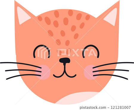 Adorable cartoon ginger cat face with closed eyes, smiling and winking, showing happiness and joy, ideal for children products, prints, and playful designs 121281007
