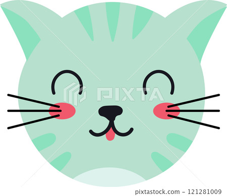 Cartoon illustration featuring a charming turquoise cat face with playful pink cheeks, a winking eye, and a tongue sticking out, all set against a clean white background Cartoon illustration featuring a charming turquoise cat face with playful pink cheeks, a winking eye, and a tongue sticking out, all set against a clean white background 121281009